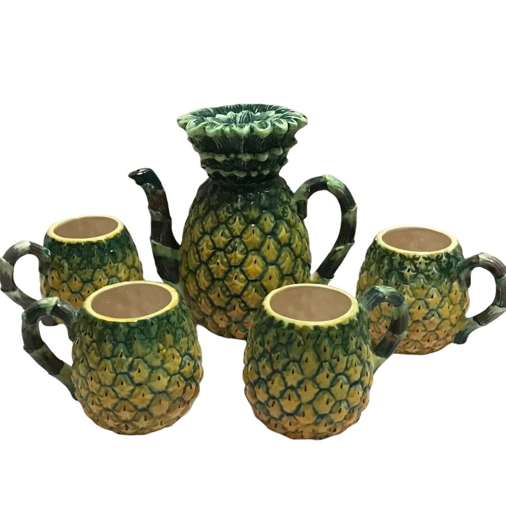 Pineapple Tea Set Teapot with Lid and 4 Matching Mugs Tropical Coffee Vintage
